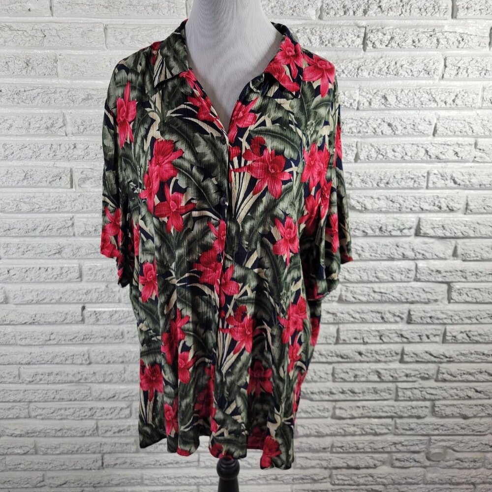 Dress Barn Womens Top 22 24 Plus Short Sleeve Button Up Red Green FLO156XE